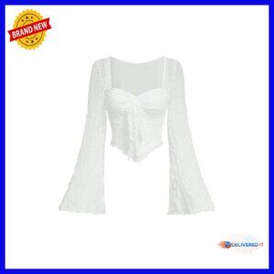 Women's Crop Top Sweetheart Neck Mesh Bell Sleeve Asymmetrical Tee